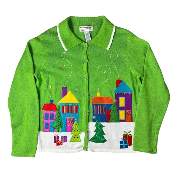 Tiara International Christmas Collection Ugly Applique Cardigan Sweater Size L - Picture 1 of 9